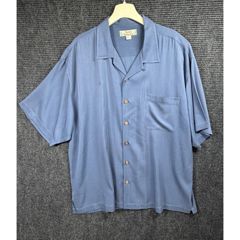 Tommy Bahama Mens XL Blue 100% Silk Herringbone Short Sleeve Camp Button Shirt